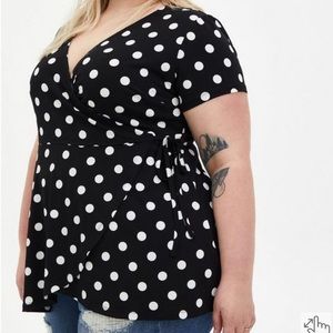 Studio Knit Surplice Wrap Top Black With White Polka Dots Torrid SZ 2
